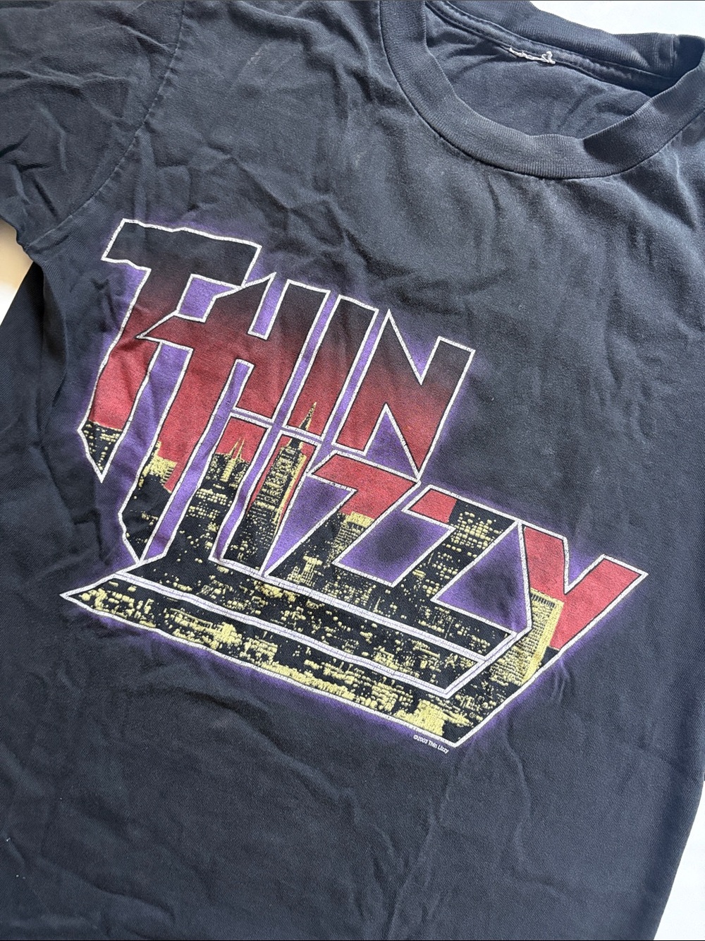 Black 'Thin Lizzy' Graphic Band Tee - Red & Purple Logo